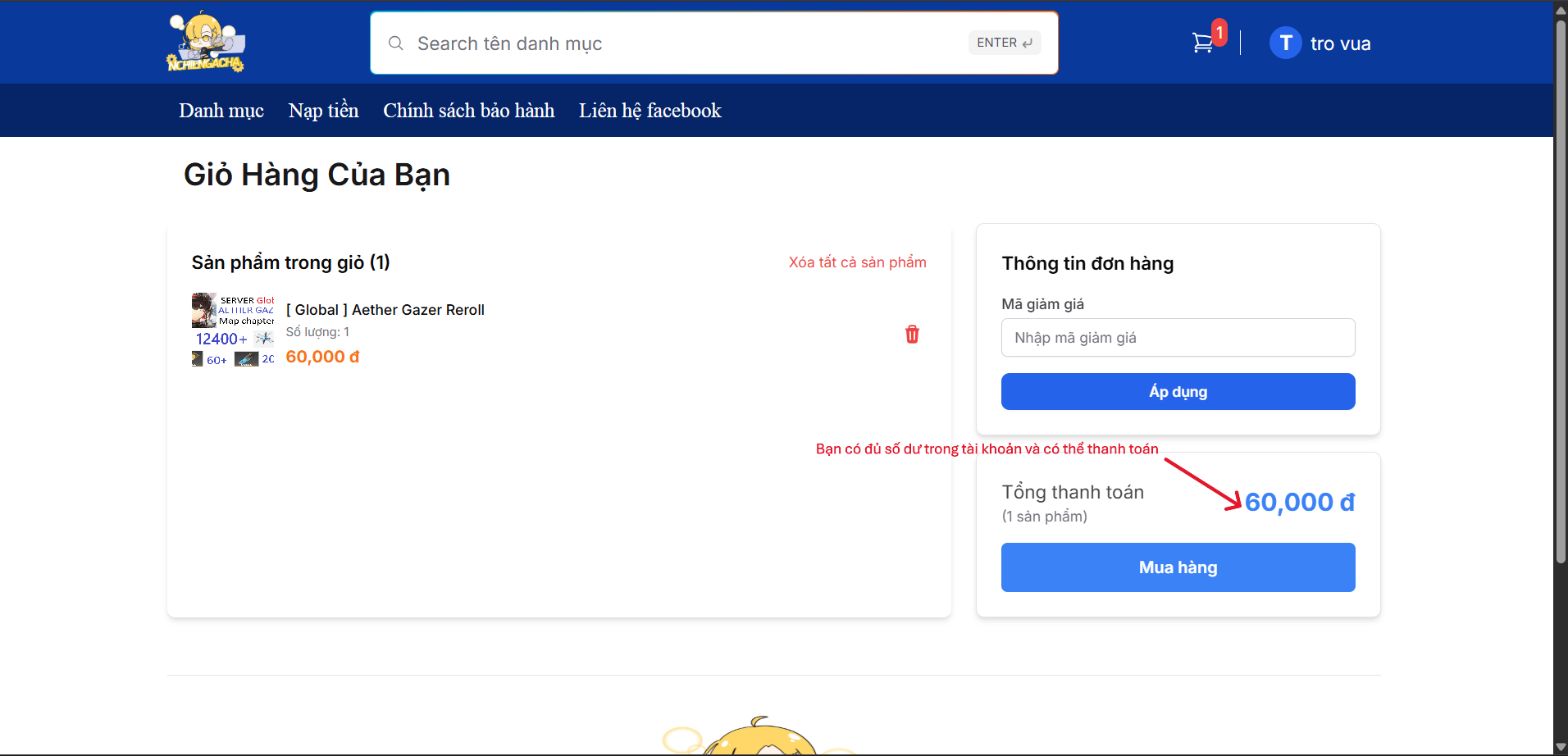 Hình ảnh minh họa xác nhận đơn hàng và thanh toán bằng số dư
