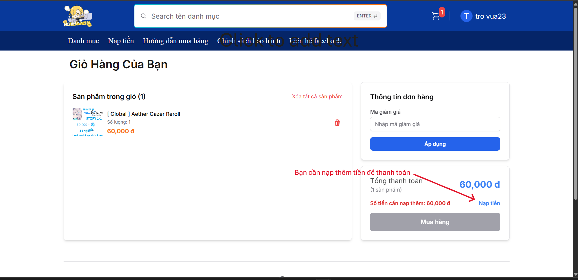 Hình ảnh minh họa xác nhận đơn hàng và thanh toán nhưng không đủ số dư
